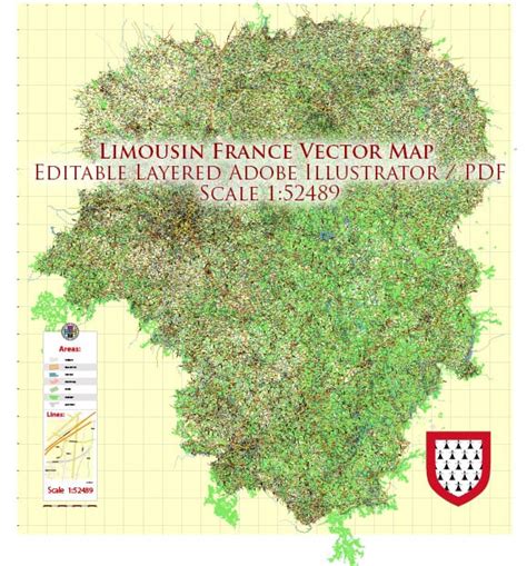 Limousin France Vector Map exact extra detailed All Roads Cities Towns ...