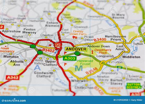 02-18-2021 Portsmouth, Hampshire, UK Andover and Surrounding Areas Shown on a Road Map or ...