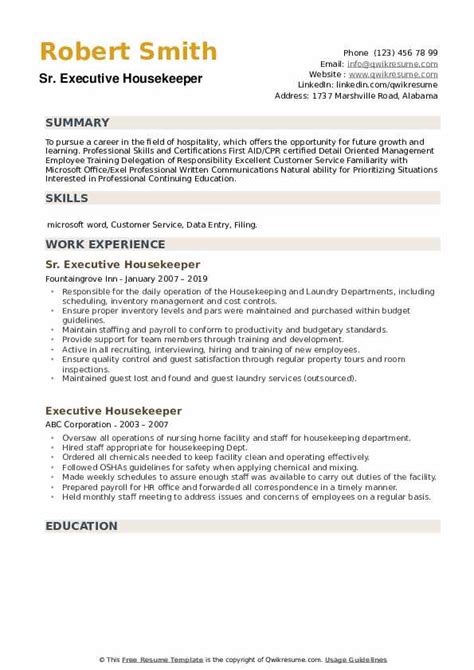 Executive Housekeeper Resume Samples | QwikResume