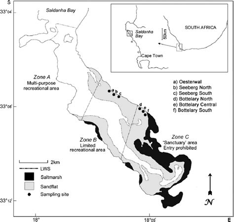 Map of Langebaan Lagoon showing its geographical position, managerial ...