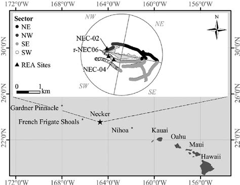 Map of Hawaiian archipelago showing location of Necker Island. Black ...