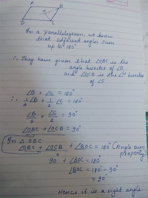 In a parallelogram, show that the angle bisectors of two adjacent angles intersects at right ...