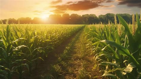 Premium AI Image | A corn field with a sunset in the background