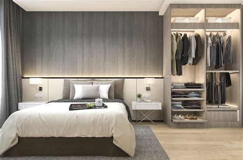 3d rendering luxury modern bedroom suite in hotel with wardrobe and walk in closet — LODGING