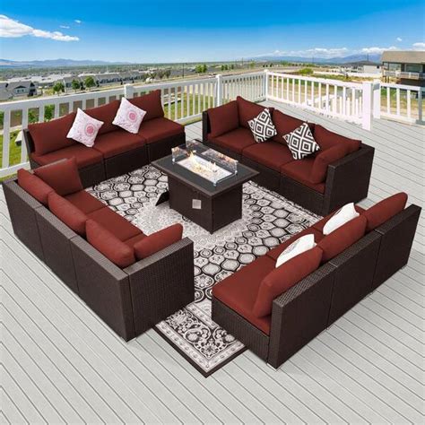 NICESOUL Luxury 13-Piece Patio Brown PE Wicker Patio Sofa Set with Red Cushions and 55,000 BTU ...