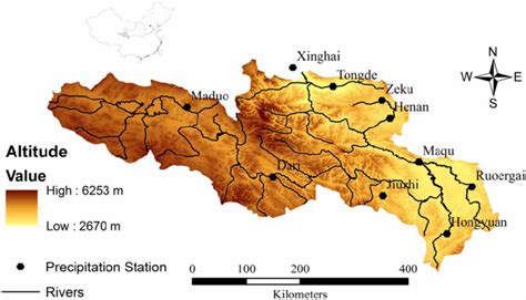 | The Yellow River source region topography, river network and ...