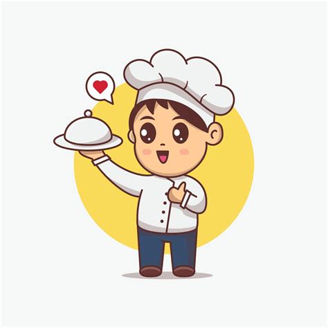 Cute Chef boy serving food illustration. Kawaii cartoon character ...