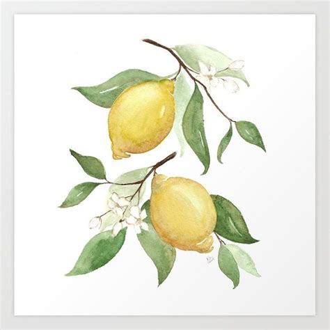 Watercolor Lemons - Yellow Lemons On Branch Art Print by katrinacrouch | Society6 | Lemon art ...