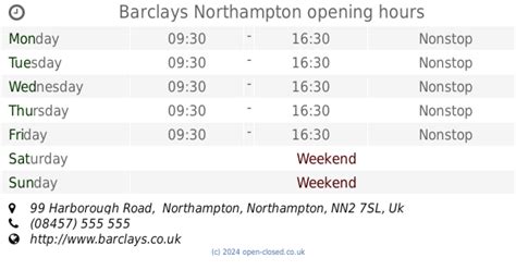 Barclays Northampton opening times, 99 Harborough Road, Northampton