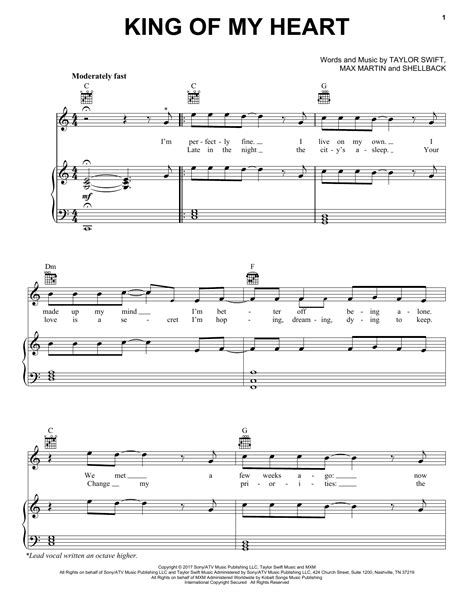 Taylor Swift King Of My Heart Sheet Music, Notes & Chords | Sheet music, King of my heart, Easy ...