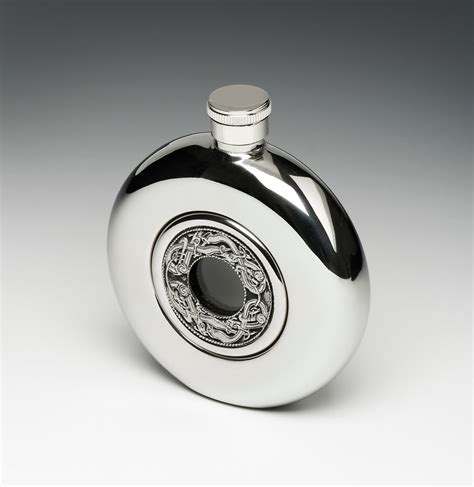 Round Whiskey Hip Flask with Glass Center and Celtic Birds Design – Real Irish