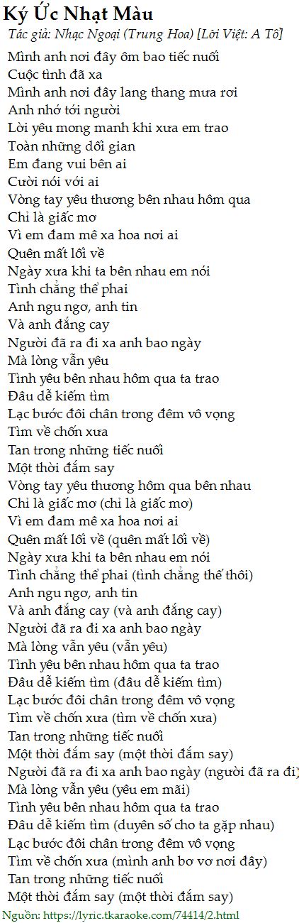 Lời bài hát Ký Ức Nhạt Màu (Nhạc Ngoại (Trung Hoa) [Lời Việt: A Tổ]) [có nhạc nghe]