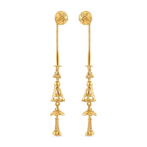 22ct Gold Long Sui Dhaga Earring with Jumkha | purejewels.com