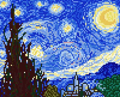 [OC][CC][NEWBIE] Van Gogh - Starry Night - Pixel Art Version : r/PixelArt