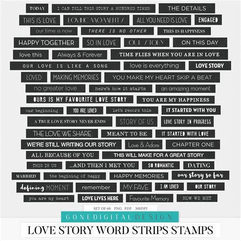 Love Digital Word Strips Word Sticker Scrapbook Printable Sheet Love Story Valentine Card ...