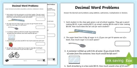 Decimal Word Problems Worksheet | Year 6 Maths | Twinkl