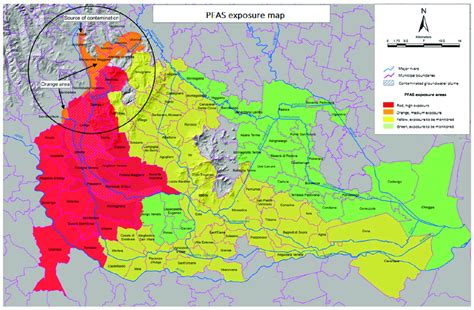 PFAS exposure map indicating the different coloured areas and the ...