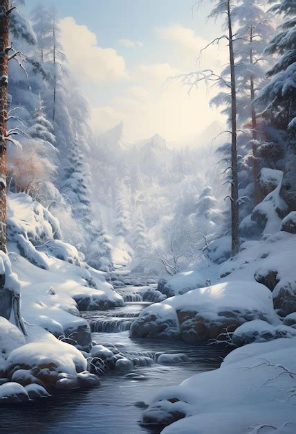 Premium Photo | A snowy forest with trees and streams