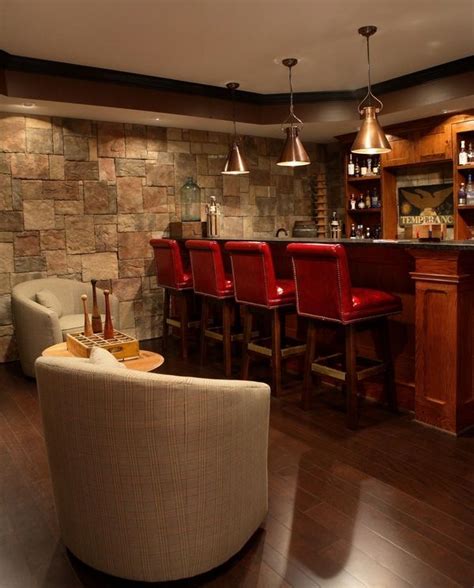 basement remodel ideas stone wall home bar leather stools armchairs ...