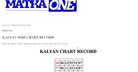 KALYAN JODI CHART RECORD| Kalyan chart | Matkaone