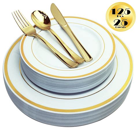 JL Prime 125 Piece Gold Plastic Plates & Cutlery Set, Heavy Duty ...