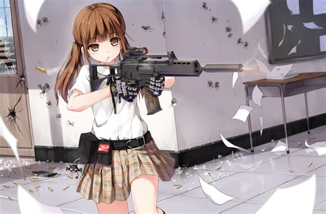 Armed Anime Girl in Action - HD Wallpaper by ☆受菟_