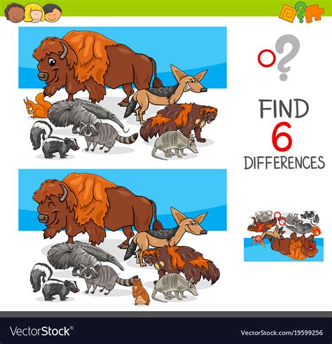 Find differences with wild animal characters Vector Image