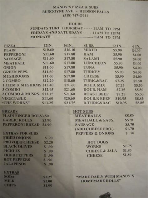 Menu at Mandy's Pizza & Subs pizzeria, Hudson Falls