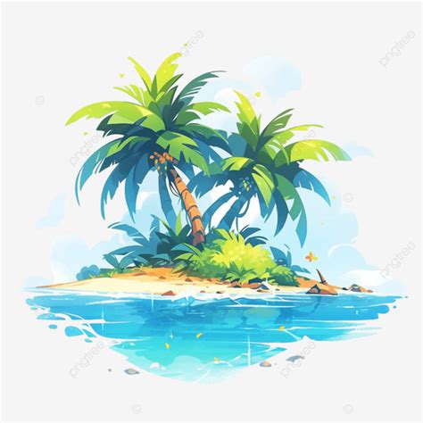 Summer Coconut Tree Beach Green Cartoon Illustration, Summer, Coconut Tree, Beach PNG ...