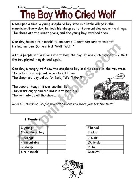 The boy who cried wolf - ESL worksheet by schulzi | English lessons for kids, Reading worksheets ...