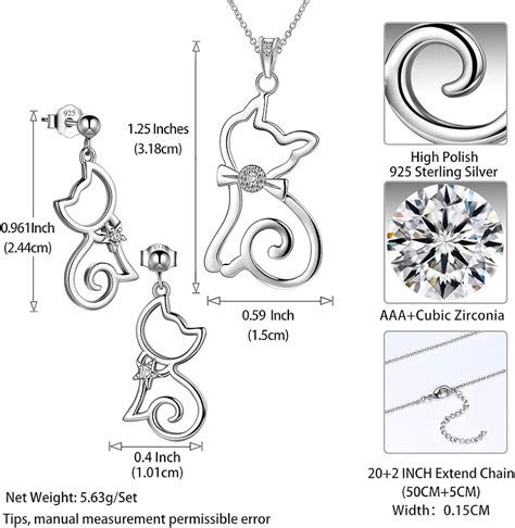 Cute Cat Jewelry Set 925 Sterling Silver Cat Pendant Necklace Drop Earrings Set for Women Teen ...