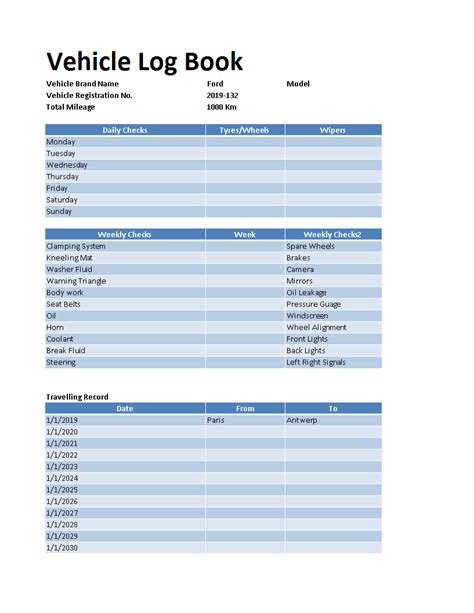 Télécharger Gratuit Vehicle Log Book Excel