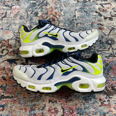 Nike TN trainers - UK 6 White, navy and neon yellow... - Depop