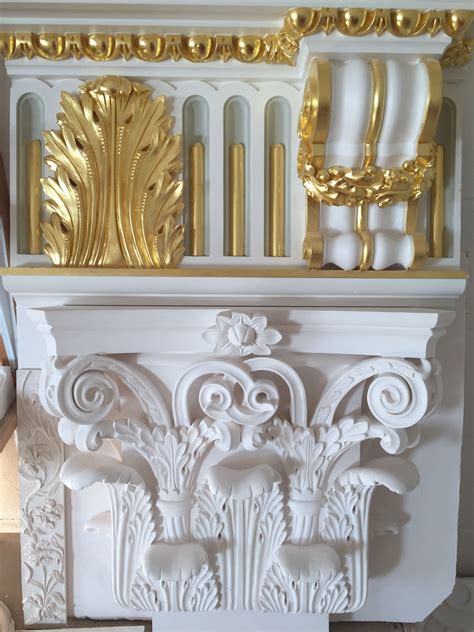 Decorated plaster moulding resting on an ornate capital, at our Works in Norwich, Norfolk. # ...