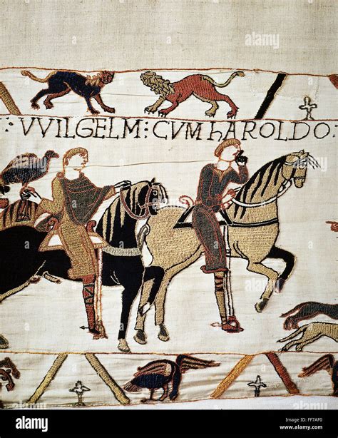 BAYEUX TAPESTRY. /nHarold (right) and Duke William of Normandy arrive ...