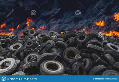 Tyres are on Fire. Burning Old Tyres on Recycling Landfill. Black Smoke from Tires Fire. Tyre ...