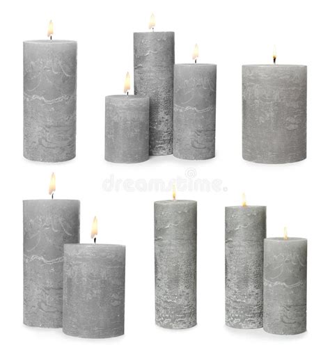 Set of Burning Grey Candles on Background Stock Photo - Image of aroma ...