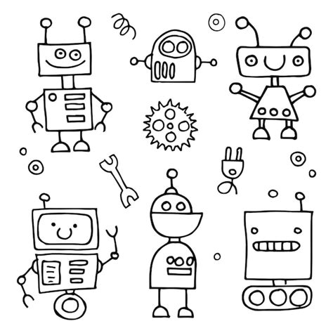 Premium Vector | Drawing in doodle style set of cute robots childrens line drawing funny robots