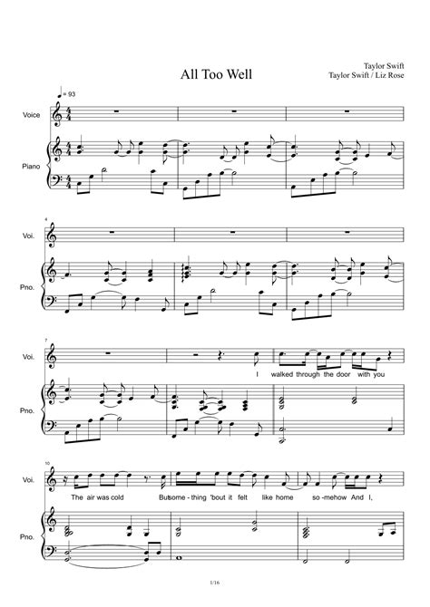 All Too Well (arr. Taylor Swift) Sheet Music | Taylor Swift | Piano & Vocal