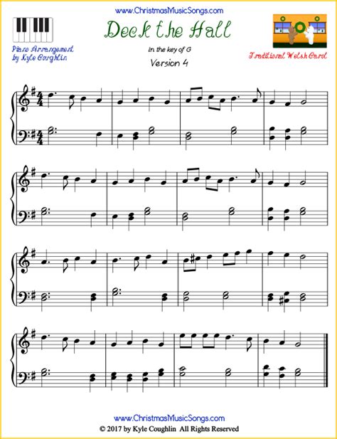 Deck the Halls piano sheet music - free printable PDF