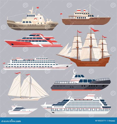 Set of Different Vessels. Sea Boats and Other Big Ships. Vector Illustrations in Flat Style ...