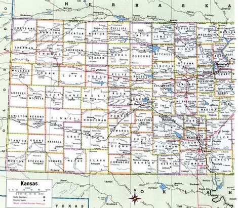 Map of Kansas state with highways,roads,cities,counties. Kansas map image