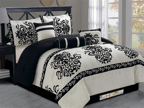 7-Pc Modern Chic Felt Damask Floral Motif Comforter Set Beige Off-White ...