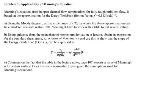 Solved Problem 1: Applicability of Manning's Equation | Chegg.com