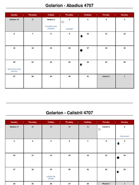 Golarion Calendar | PDF | Leisure