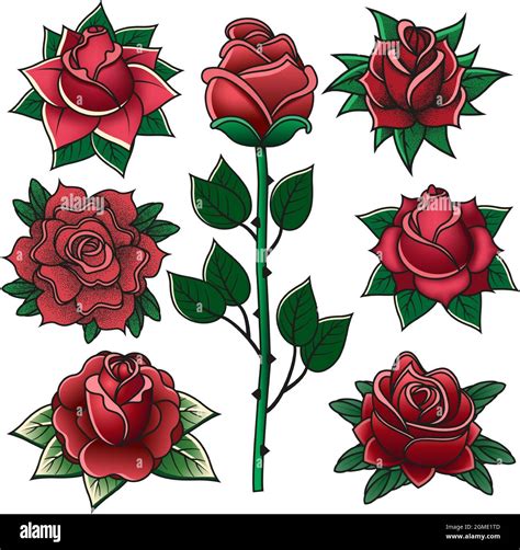 Vintage engraving roses old school tattoo symbols. Old tattoo school rose flowers elements ...