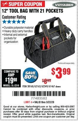 VOYAGER 12 in. Tool Bag with 21 Pockets for $3.99 | Tool bag, Harbor freight tools, Bags