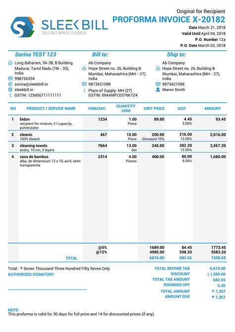 Proforma Invoice Template India – PARAHYENA