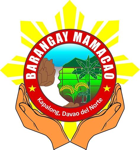 two hands holding up a red and yellow badge with the words barangay ...