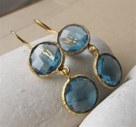 London Blue Topaz Long Dangle Earring- Blue Two Stone Drop Earrings- Dark Blue Quartz Earring ...